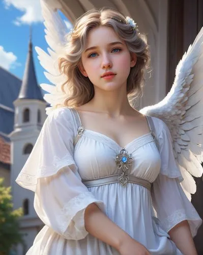 Create a photo realistic in William-Adolphe Bouguereau style of a beautiful adult female angel has a curvy body, white skin, natural blue eyes, and wearing simple lingerie. Realistic hands, realistic 