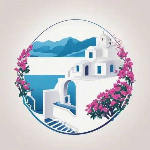 Greek style logo with sea, white houses of Santorini, blooming bougainvillea ,the painting shows an image of a white building with flowers on its steps,positano,anacapri,santorini,dribbble,dribbble ic