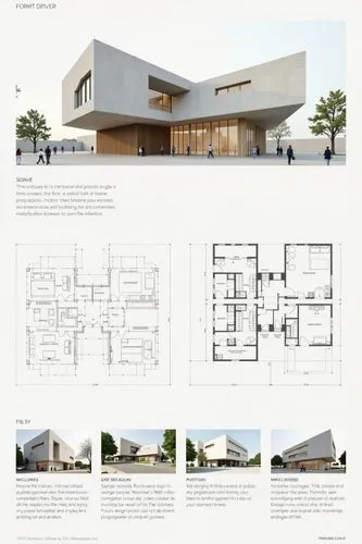 A professional architectural presentation board with a Pure background and a clean, minimalist design layout. The board includes:
Top Section: On the top left, a photorealistic render of a contempora