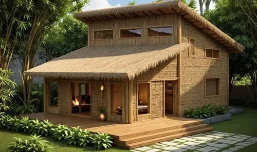 render this house using nippa hut material, keeping the same silouhuete and character lines, but use traditional natural materials, use woven split bamboo mats for the walls
,traditional house,wooden