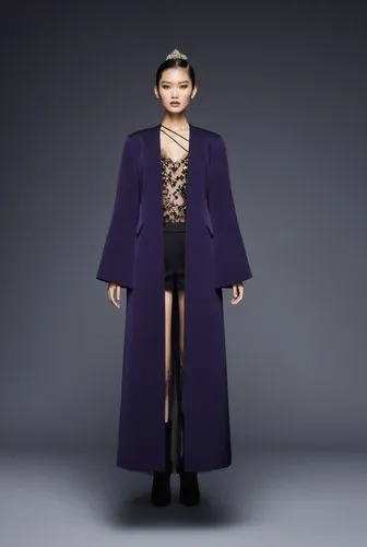 a fashion model wearing violet long maxi jacket, shorts, assymetrical top  and ankle boots,a model wearing an elegant purple coat with long sleeves,long coat,derivable,imperial coat,allude,hadid,overc