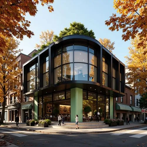 In an autumn setting, there is a stylish two-story coffee shop called "coffee shop." The exterior is black and light green, with large glass windows, and the design is creatively shaped, possibly like