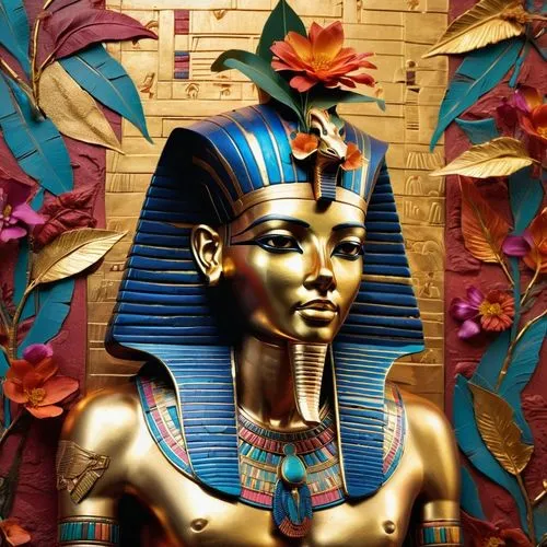 Anubis, represented by the head of a jackal, takes on a muscular male human body and looks at the mask of Tutankhamun, in the background a large wall adorned with brightly colored Egyptian hieroglyphi