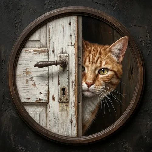 Round 3D Anamorphic Illusion, create the illusion that characters or objects are extending out of the screen toward viewers, one half part of the painting is an old white wooden door board, the other 