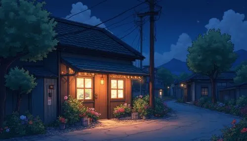 a solo store that is lit up at night, night sky, street, colorful flowers, cozy cafe background, cozy atmosphere, nightime village background, cozy home background, lofi vibe, pleasant cozy atmosphere