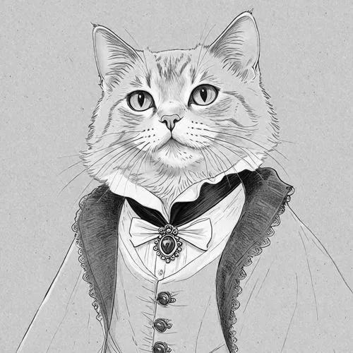 The image features a black cat adorned with a regal costume, including a white collar and a red cape draped over its shoulders. The cat's gaze is directed towards the viewer, giving an impression of c