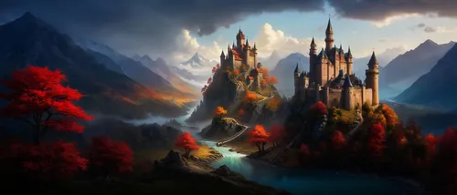 a castle with towers on the mountains overlooking a lake,fantasy landscape,fantasy picture,fantasy art,spires,fairy tale castle,world digital painting,fantasy world,fantasy city,elves country,autumn m