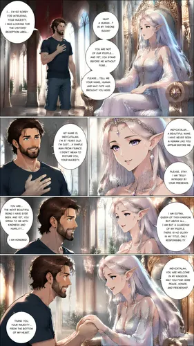 Style manga :

Une elfe céleste d'une beauté sublime, issue d'une lignée ancestrale. 1,68m. Elle a la trentaine. Sa peau est parfaitement lumineuse, ses pommettes sont hautes et saillantes, et sa long
