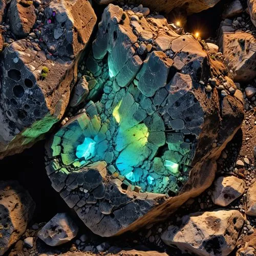 roccia spaccata , lavorata e levigata di colore nero, con all'interno minerali fluorescenti,an aerial s of an empty boulder,large aurora butterfly,aurora butterfly,rainbow butterflies,eye butterfly,te