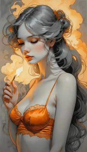 the drawings drawn with lit matches were cute, in the style of feminine portraiture, golden light, light gray, pensive poses, smokey background, light orange and light black, light & shadow, lingerie,