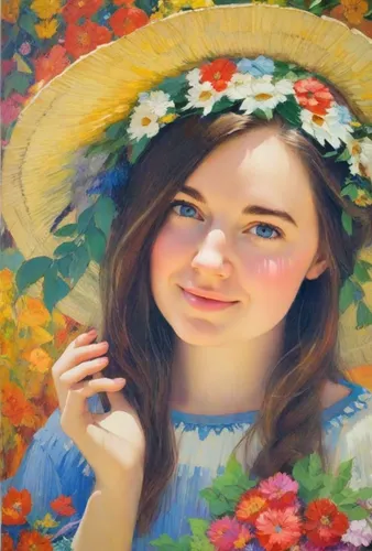 A seven-year-old blonde daughter in the arms of a young brunette mother. They look at us and smile. There are wreaths with bright wildflowers on the head. Image in the style of Boris Kustodiev. Multil