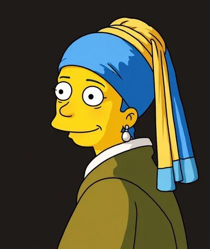 change the style to simpson,the simpsons face wearing a turban and earring,girl with a pearl earring,schoolmarm,headscarf,the hat-female,wimple,skinner,headmistress,homers,bonnet,yarmulke,barrettes,ma