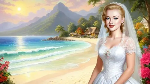 Romantic masterpiece oil painting, 1950's kitsch style, Jamaica beach resort, bridal veil, high res, by Thomas Kinkade, by Bob Ross,a painting of a bride on the beach,beach background,landscape backgr