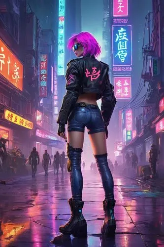 Cyberpunk, neon-lit cityscape, rainy night, futuristic skyscrapers, holographic advertisements, giant video screens, crowded streets, punk rock-inspired fashion, leather jackets, ripped jeans, neon-co