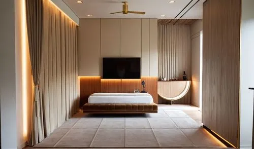 interior room render, tv unit and dresser  is in louvers, use light colors, add realistic  materials according to the reference, add lighting
,there is a bedroom with a bed and desks,luxury bathroom,h