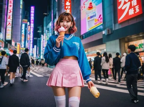 Tokyo street, night time, vibrant neon lights, crowded sidewalk, fashionable young girl, 18yo, trendy hair color, bold makeup, slender legs, mini skirt, knee-high socks, sneakers, holding ice cream, s