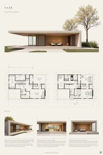 A professional architectural presentation board with a Pure background and a clean, minimalist design layout. The board includes:

Top Section: On the top left, a photorealistic render of a contempora