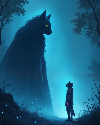 A digital illustration shot from a profile camera angle depicts a mystical scene in a dark forest at night. The image shows glowing blue sparkles floating in the air, adding to the magical atmosphere.