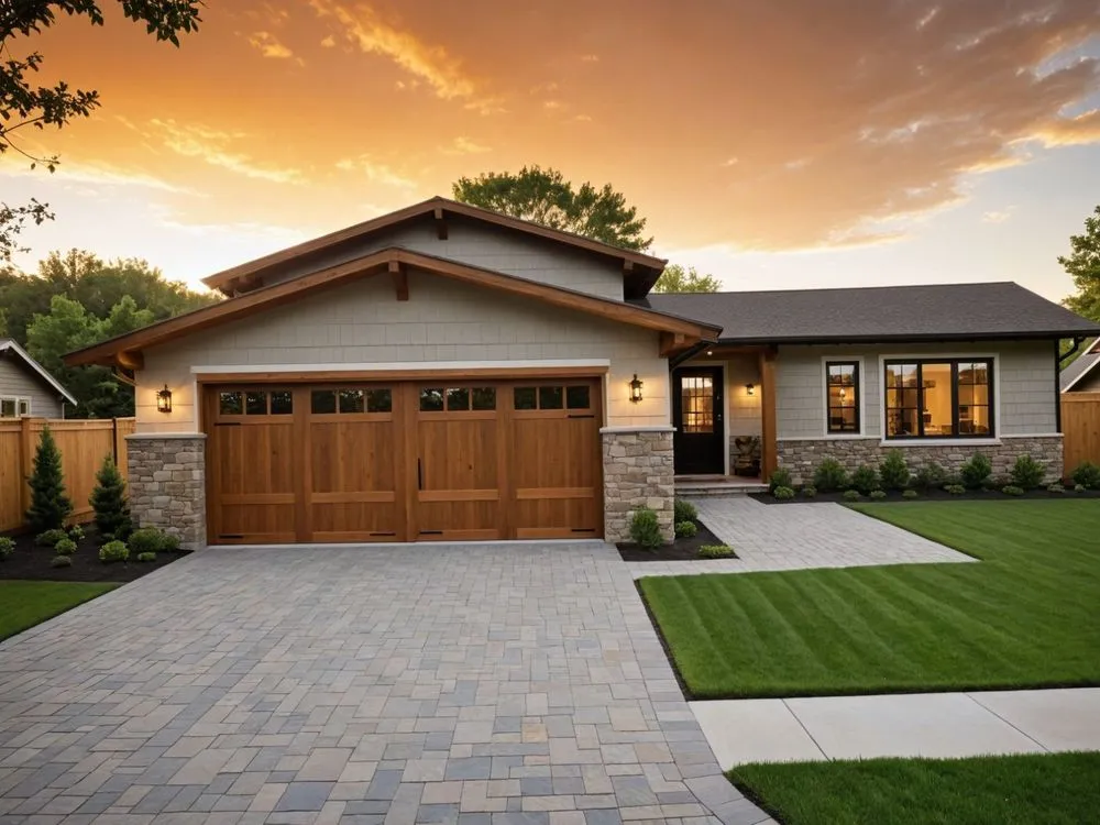 a large house with brown garage doors and two windows
