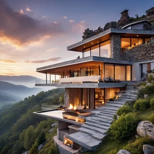 A huge dragon climbs out of a chasm and looms over a house. Foggy atmosphere and ghostly light. A striking modern villa set on the edge of a mountain cliff, featuring cantilevered living spaces that e