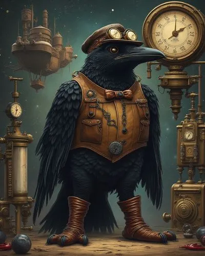 The background is filled with large various steampunk devices and a large 19th century steampunk airship. The center of attention is a surreal large figure of a bird - a large black raven controlling 