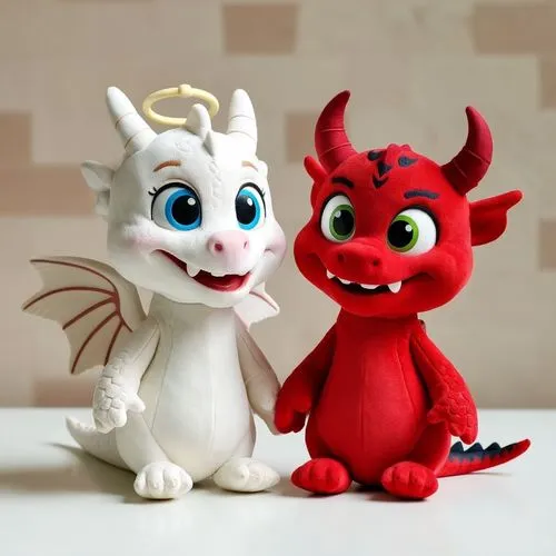 A high-quality studio photograph of two stylized plush toys side-by-side, designed in the exaggerated, expressive animation style of John Kricfalusi but completely clean and cute. The first plush is a