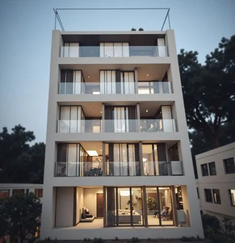 "A 15-story modern high-rise building inspired by Tadao Ando, emphasizing diverse architectural forms and sculptural massing. The design features exposed smooth concrete, a variety of interlocking vol