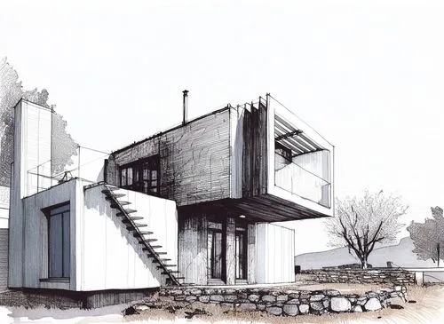 sketch of a modern building in a city,cantilevers,house drawing,habitat 67,cantilevered,cubic house,modern architecture,model house,dunes house,architect plan,cantilever,rectilinear,modern house,concr