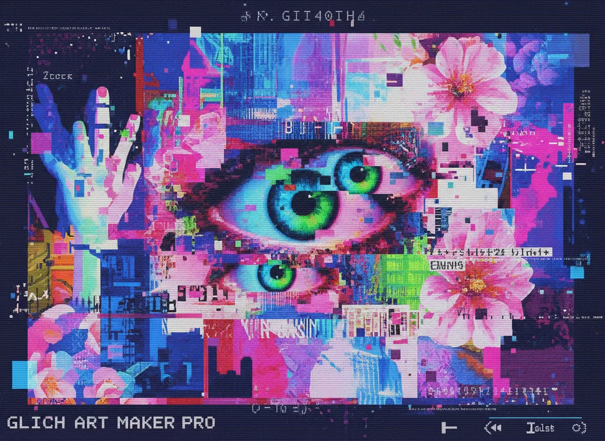 Un primo piano di un collage digitale con pesanti effetti di glitch art e pixelazione, che dimostra le capacità del creatore di glitch art.