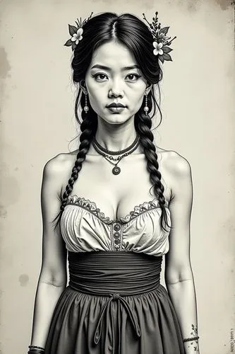 "Photorealistic, formal human portrait, black and white, modestly dressed beautiful polynesian tahiti slave female, daguerreotype",the portrait of an asian woman in black and white,chicana,vintage asi