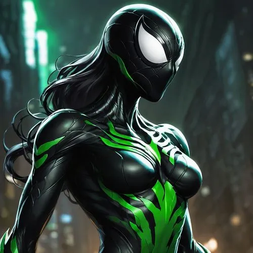 Female symbiote with large black and green chest.,symbiote,symbiotes,antivenom,hela,narvel,superhero background,green skin,madelyne,venom,osborn,background ivy,patrol,viv,silk,derman,spawn,shadowhawk,