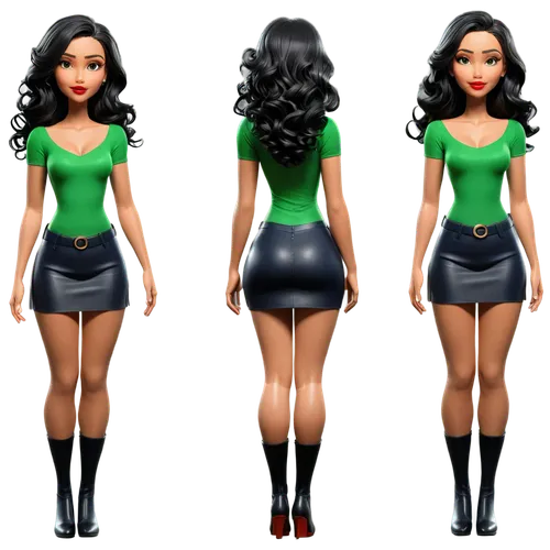 Create only high resolution images, pixar 3d, 4k, character sheet style, like a paper doll, A pose style. She should be wearing a black tube skirt in sensual, transparent lace and a tight navy blue t-