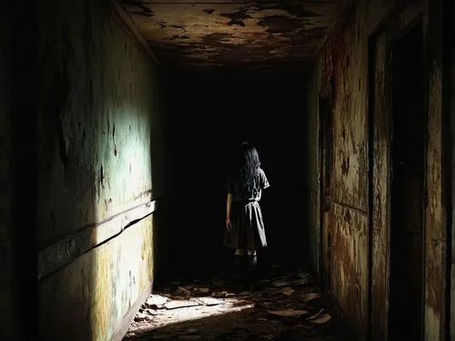 Dark, eerie nightmare corridor, dimly lit, flickering fluorescent lights, old, worn-out walls with peeling paint, rusty metal doors, creepy atmosphere, Shota, solo, scared expression, pale skin, messy