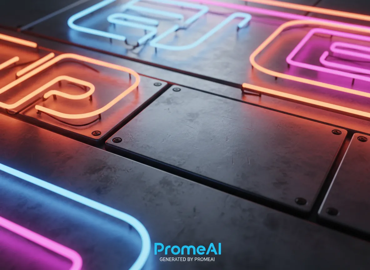 PromeAI द्वारा उत्पन्न ब्रश्ड एल्यूमीनियम और चमकते नीयन की अति-यथार्थवादी बनावट को प्रदर्शित करने वाले एक पोस्टर डिज़ाइन का क्लोज-अप।