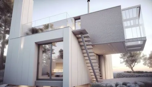 a rendered view of a home at twilight,cubic house,modern house,cantilevers,cantilevered,renders,modern architecture,render,cube stilt houses,dunes house,cube house,frame house,inverted cottage,smart h