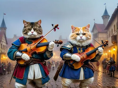two Persian cats dressed as bums play violins,two cats dressed in renaissance costumes playing violin and violin,town musicians,cat pageant,troubadours,violinists,carolers,medieval,two cats,musicians,