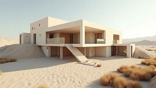 Piensa como un experto en arquitectura y genera una mejora en la imagen incorporando un estilo arquitectónico deconstructivista con formas geométricas totalmente suavizadas en un entorno árido totalme