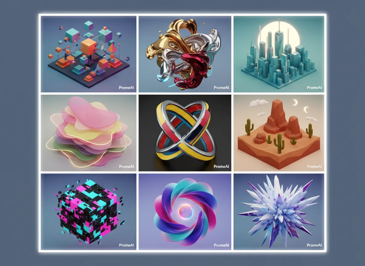 PromeAI के साथ बनाए गए नौ अलग-अलग C4D स्टाइल पोस्टरों का एक ग्रिड, जिसमें आइसोमेट्रिक से लेकर एब्सट्रैक्ट तक विभिन्न प्रकार के रंग, आकार और कंपोज़िशन दिखाए गए हैं।