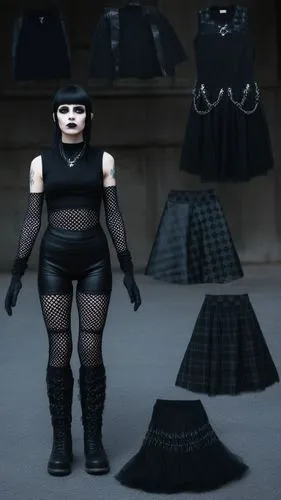 Goth Paper doll futuristic cyberpunk emp punk goth girl in black sleeveless shirt , black spandex shorts, complete full length fishnet and black goth knee Boots, standing surrounded by with a set of g