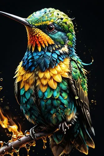 ((a hummingbird)), hyperdetailed eyes, tee-shirt design, line art, black background, ultra detailed artistic, detailed gorgeous face, natural skin, water splash, colour splash art, fire and ice, splat