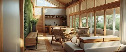 a room that has furniture in it,frame house,prefab,modern room,home interior,wooden windows,small cabin