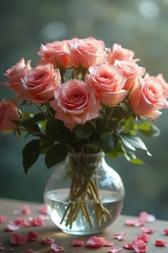  thousands of roses and flowers in the spring; wildcrafted in a crystal vase. Cinematic, realistic HDR photography.biometric shading, synesthesia,fluid lines ,a small glass vase filled with pink roses