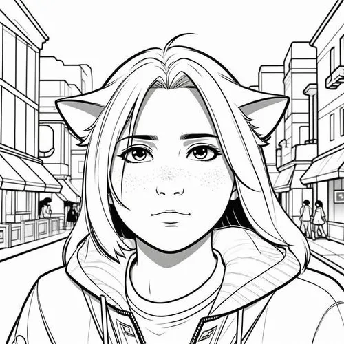 a girl with a cat ears on her head in front of an urban setting,cat line art,mono-line line art,street cat,mono line art,inking,line art,arrow line art,eyes line art,inks,lining,office line art,uncolo