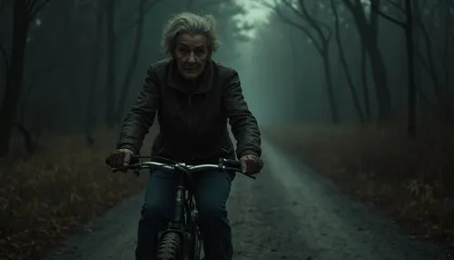 dark random scene from horror movie,country,rednex,old woman on bike,a person riding a bike down a dark road,woman bicycle,bicycle,bicycling,bicycle ride,bicyclist,wallander