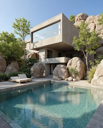 Concrete facade with expansive glass windows, rocky landscape integration, crystalline pool reflecting natural elements, bold structural forms, earthy tones blending with greenery, serene and contempo
