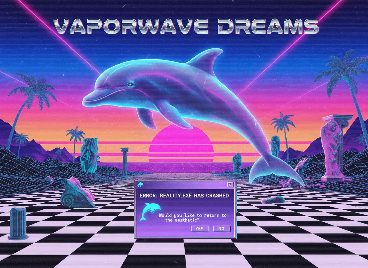 Ein Beispiel für ein surreales Vaporwave-Poster mit einem schwebenden Delfin, einem Schachbrettboden und einem Popup-Fenster im Stil von Windows 95.