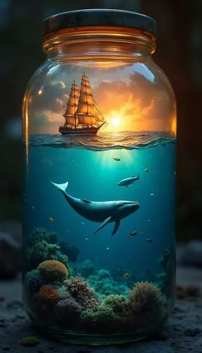 A captivating scene within a glowing glass jar. The top half of the jar presents a sunset at sea, with a sailing ship battling the waves. The ship's sails are billowing with the wind, and the sun cast