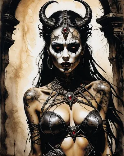 editorial photography, the mummified demon queen, A MULTIVERSIAL PLEASURE DEITY ，pin up art|sumi-e ink drawing by Olivia de Berardinis and LUIS ROYO and CLIVE BARKER, MORBID, CRACKED DIMENSIONS, immor