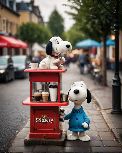 Snoopy sells coffee on a Coffeestand on a street,snoopy,stuffed toys,newspaper box,street cafe,helsinki,soft toys,stuffed animals,coffee to go,cuddly toys,stuff toy,toy dog,coffee break,stuffed toy,te