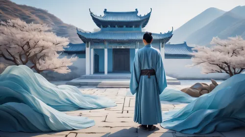 a man in hanfu is standing near a white manmade structure perspective, oriental zen，in the style of fluid landscapes, Song Dynasty fine brushwork landscape painting ，rendered in cinema4d, organic flow